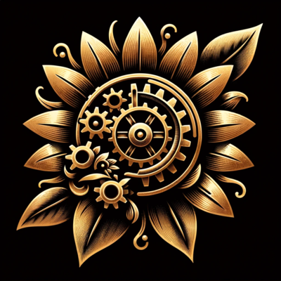 Logo of Assistive Machine Intelligence, LLC, featuring a gold sunflower with gear mechanisms at its center, symbolizing the integration of AI with supportive technologies for disabled and older adults. The sunflower represents growth and positivity, reflecting the company's commitment to empowering and enhancing lives.